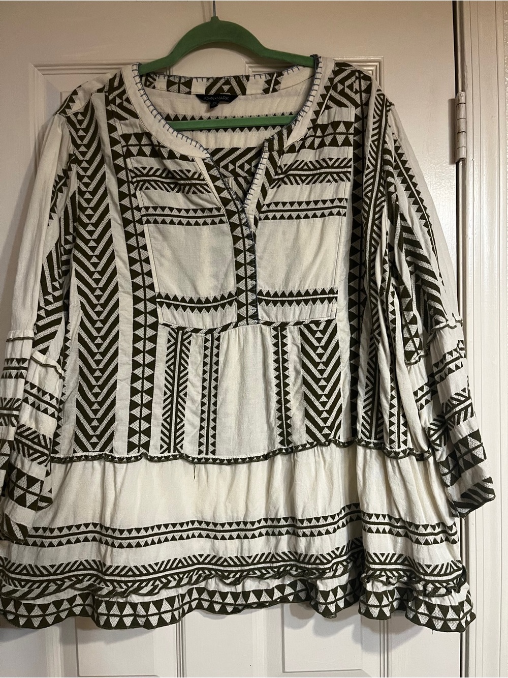 John Mark Black/Deep Green & Cream Geo-Print Boho Tunic